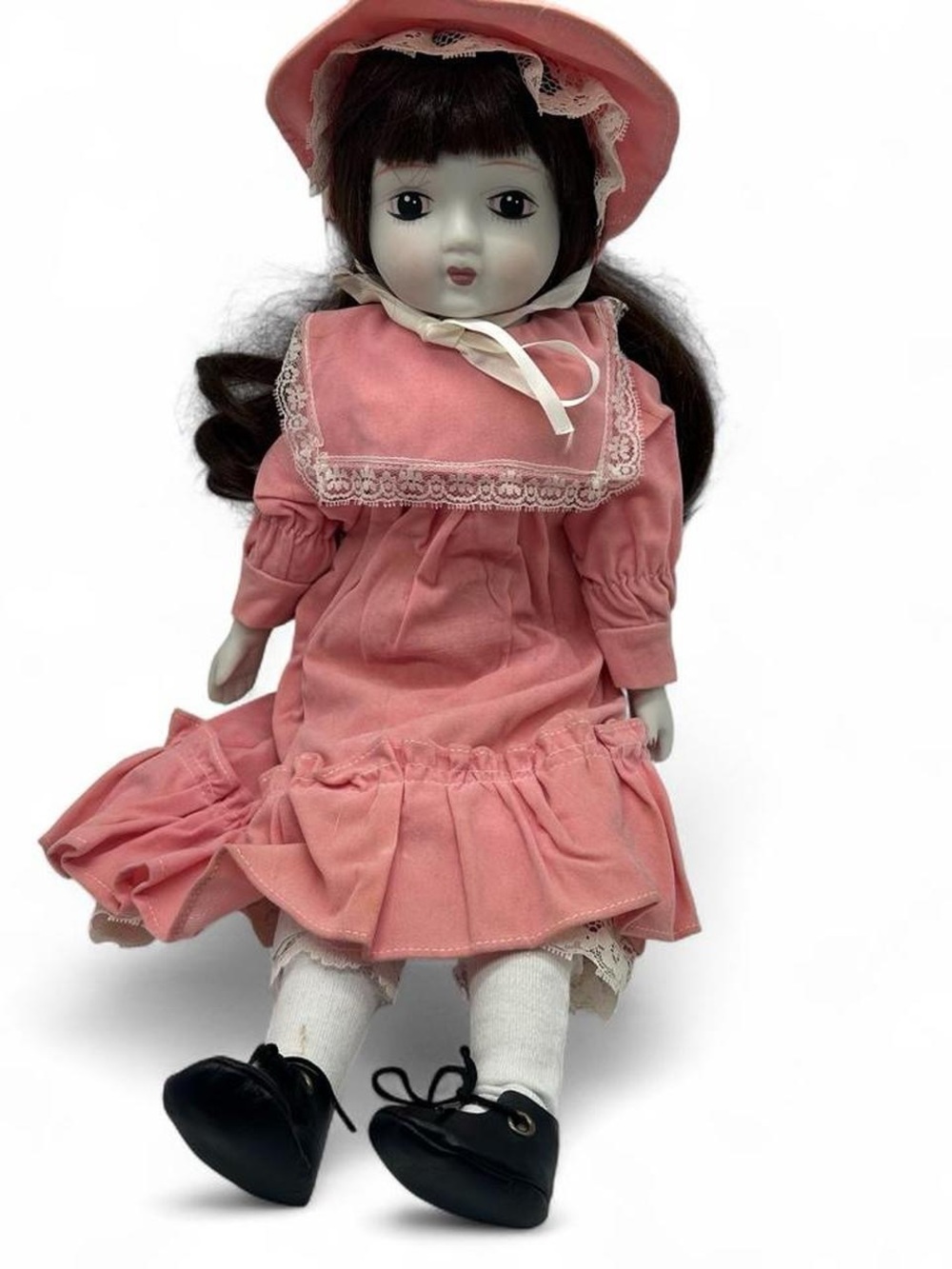 Vintage Porcelain Girl Doll Pink & White Wind Up Music Collectible
